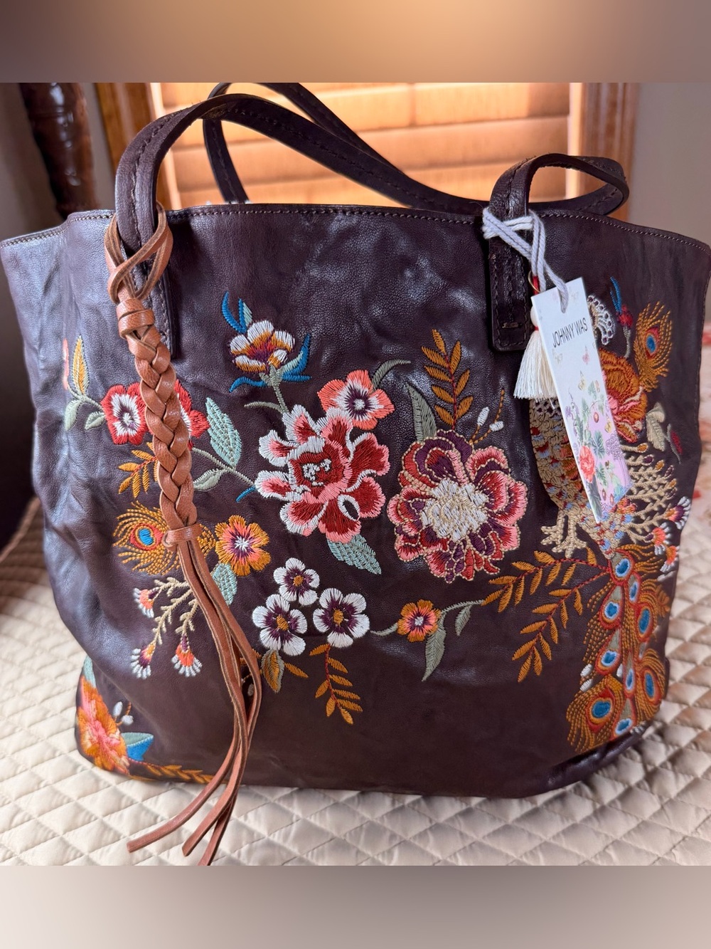 Johnny Was Brown Leather Annanke Tippi Tote Embroidered Floral Leather Bag, NWT - Picture 2 of 11